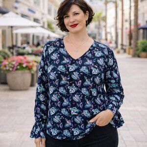 NWOT - Plus Size 0X Monroe & Main black & blue boho v-neck blouse. Casual Summer